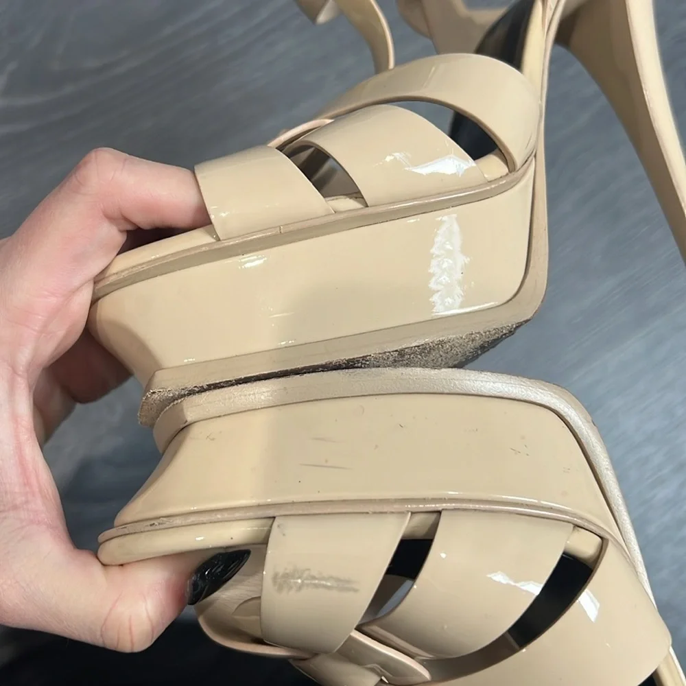 Saint Laurent Tribute Beige Patent Leather Sandals